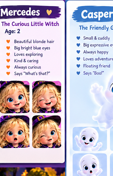 Casper: soft white ghost with big blue eyes, happy smile, and a gentle ghost tail