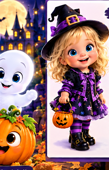 Mercedes: curly blonde hair, big blue eyes, purple witch hat with gold buckle, star dress and striped leggings
