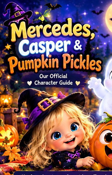 Mercedes the little witch, Casper the friendly ghost, and Pumpkin Pickles smiling together under a glowing moon