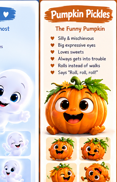 Pumpkin Pickles: bright orange pumpkin with big brown eyes, mischievous smile, and green leafy vine hair