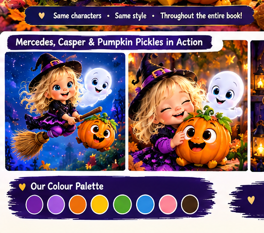Halloween adventure scene from the official style guide — broomstick night magic